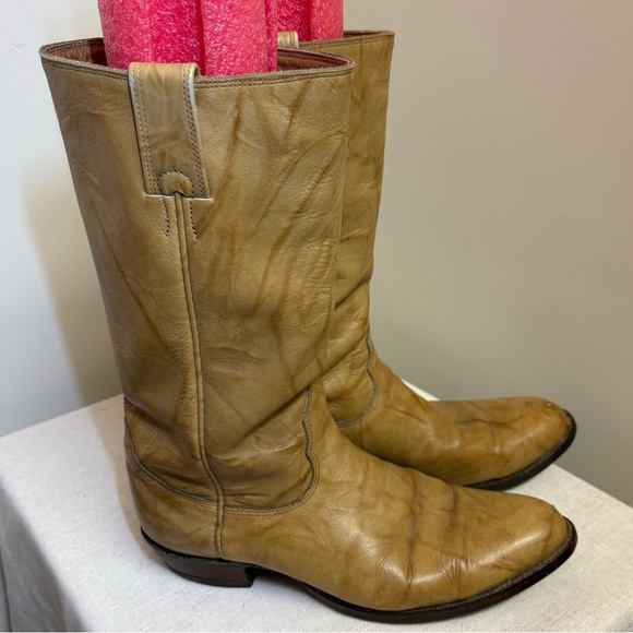 Alberta Boot Co Biltrite Sole Mens 10 Distressed Marble Tan Leather Cowboy Boots - Picture 4 of 10